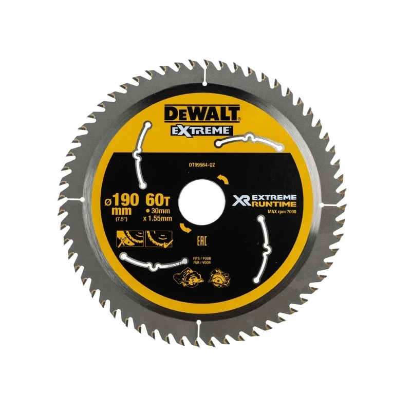 DeWALT Circular Saw Blade 190mm, Tungsten Carbide, 60 Teeth, Wood Cutting, 7000rpm DT99564-QZ