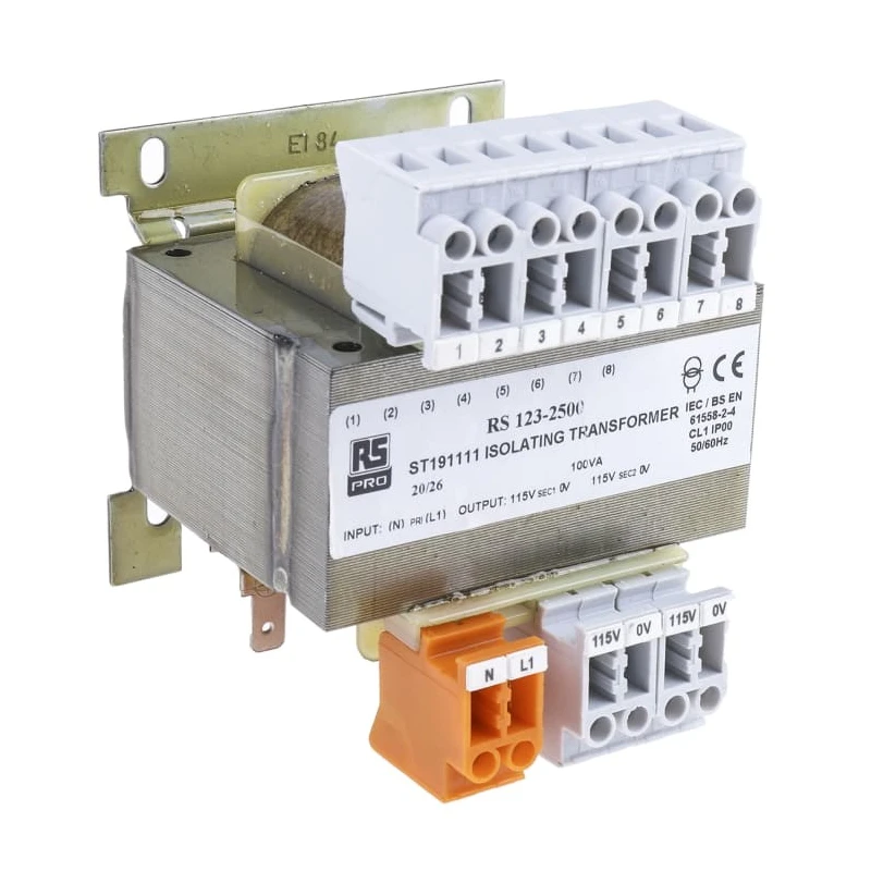 RS PRO DIN Rail Transformer 100 VA, 208–600 V AC Primary, 12 V/2 x 115 V AC Secondary, Universal Input, 123-2500