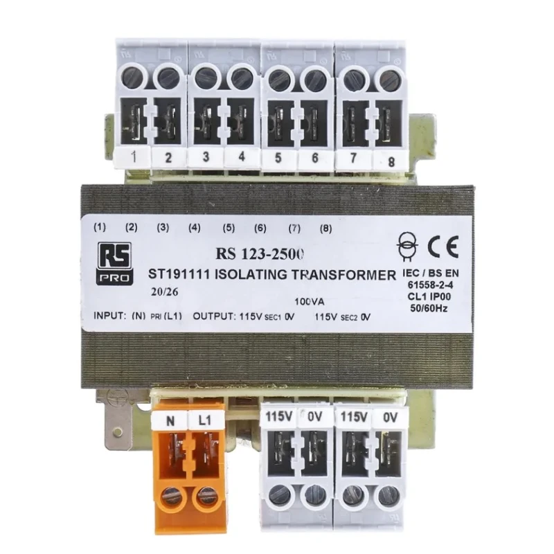 RS PRO DIN Rail Transformer 100 VA, 208–600 V AC Primary, 12 V/2 x 115 V AC Secondary, Universal Input, 123-2500
