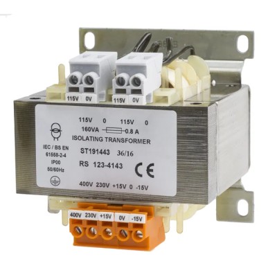 RS PRO DIN Rail Transformer 160 VA, 230 V AC / 400 V AC Primary, 2 x 115 V AC Secondary, AS/NZS 61558.2.4 123-4143