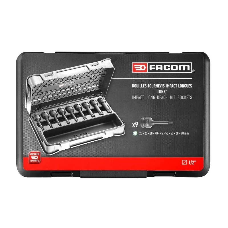 Facom Long Impact Torx Socket Set 9 Pieces NSXL.J9APB, T10–T70, Manganese Phosphate-Coated, 1/2 Inch