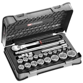 Facom 23-Piece 1/2 Inch 6 Point Socket Set SL.161-3P6 Chrome Vanadium Steel, Bright Chrome Finish