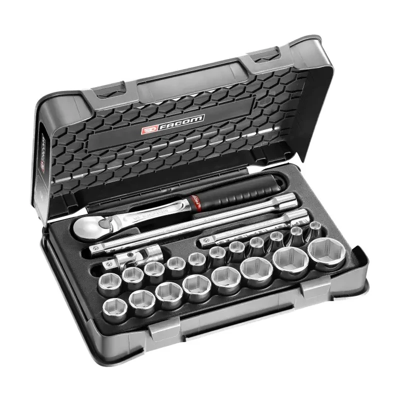 Facom 23-Piece 1/2 Inch 6 Point Socket Set SL.161-3P6 Chrome Vanadium Steel, Bright Chrome Finish