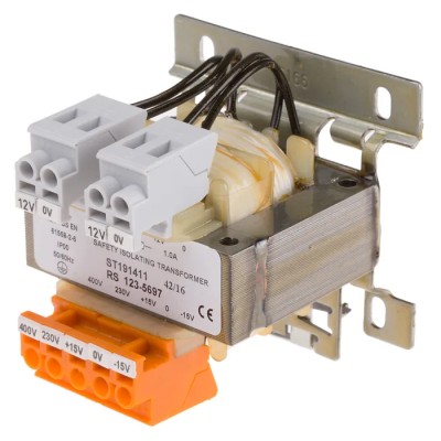 RS PRO DIN Rail Transformer 25 VA, 230 V AC / 400 V AC Primary, 2×12 V AC Secondary, 123-5697