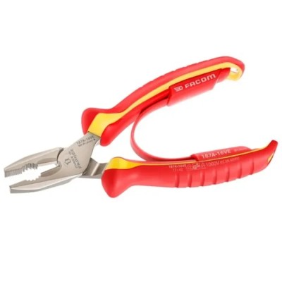 Facom Combination Plier 1 Piece, Serrated Jaw, High Carbon Steel, VDE Insulated 1000V, 165mm 187A.16VE