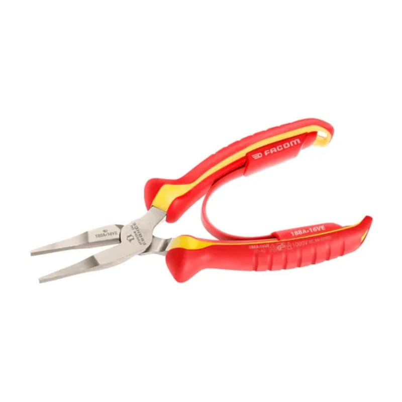 Facom Flat Nose Plier Narrow Flat Shaped, Finely Serrated Nose, 168mm, VDE 1000V Approved 188A.16VE