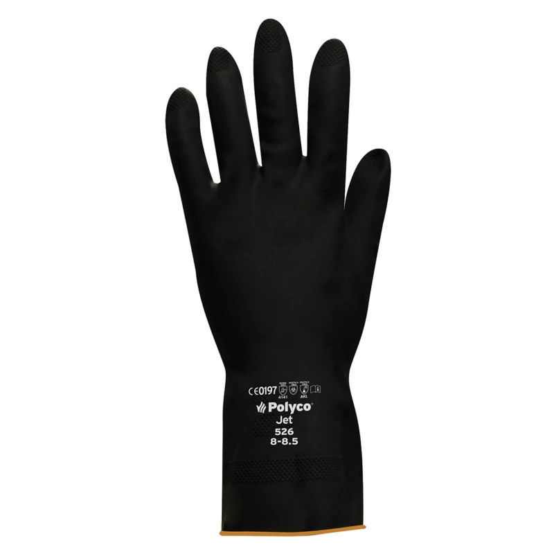 Polyco Healthline Jet Black Latex Work Gloves, Size 7, Chemical Resistant, Black, Latex Coating 525