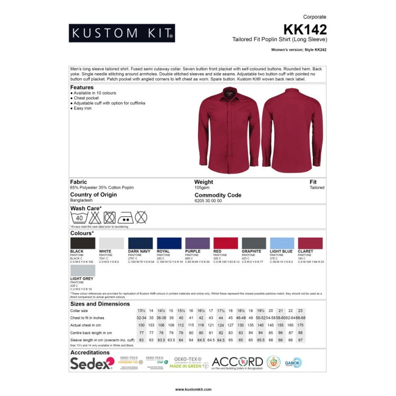 Kustom Kit Graphite Work Shirt, 35% Cotton, 65% Polyester, Long Sleeve, Chest Pocket, Men's Fit KK142