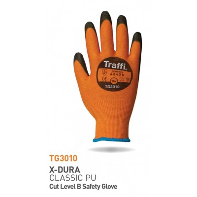 Traffi General Handling Gloves Black/Orange, Polyurethane Coated, Size 10, Elastane/HPPE/Polyamide TG3010