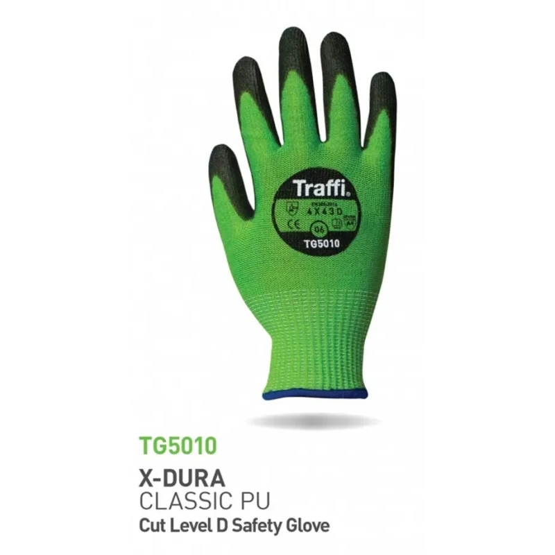 Traffi General Handling Gloves, Cut Level D, Size 9, Black & Green, Elastane-Fibreglass-HPPE-Nylon-Polyester-Steel TG5010