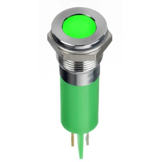 RS PRO Panel Mount Indicator, Green, Flush Bezel, 24V DC, 20mA, Solder Lug, IP67, 12mm Mount Hole 124-6402