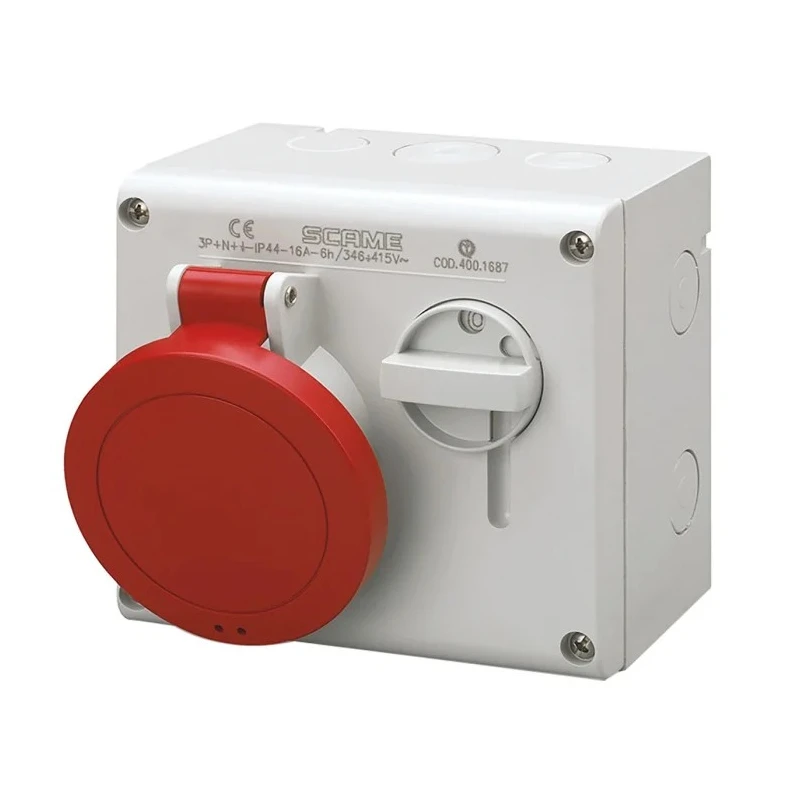 Scame Switchable Industrial Interlock Socket, IP44, 3+E, Earthing Position 6h, Straight, 16A, 415V 500.1686