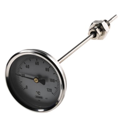 Jumo Dial Thermometer Stainless Steel, IP54, 120°C, 80mm Dial, Threaded Connection 608002/0180-818-847-6-104-26-26-200/000