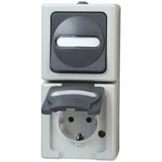 Kopp 2 Gang Plug Socket, Schalterprogramm AP FEUCHTR. IP44, 16A, Grey, Type F, Surface Mount, 1308.5600.9