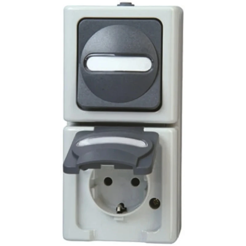 Kopp 2 Gang Plug Socket, Schalterprogramm AP FEUCHTR. IP44, 16A, Grey, Type F, Surface Mount, 1308.5600.9