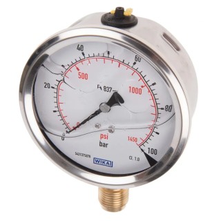 WIKA Pressure Gauge 100 mm Dial, Stainless Steel Case, 100 bar, Male, Bottom Entry 7075619