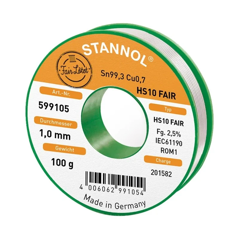 Stannol 1 mm Lead-Free Solder Wire, 227°C Melting Point, Rosin Flux, 99.3% Tin, 599105