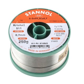 Stannol Lead-Free Solder Wire, 0.7 mm Diameter, Rosin Flux, 227°C Melting Point, 250g 810865