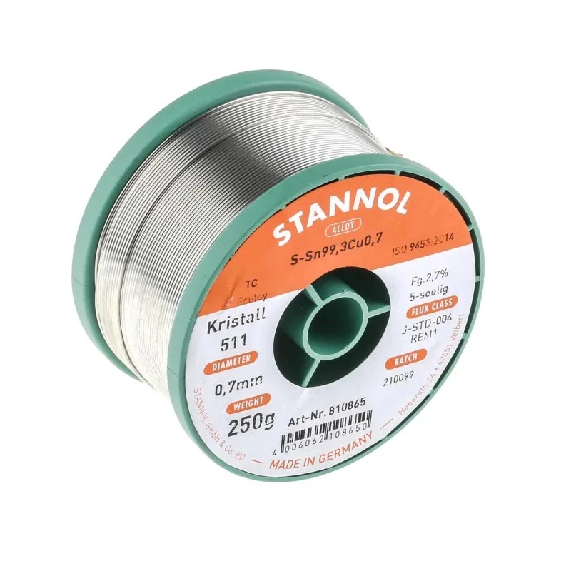 Stannol Lead-Free Solder Wire, 0.7 mm Diameter, Rosin Flux, 227°C Melting Point, 250g 810865