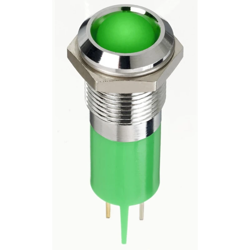 RS PRO Green Panel Mount Indicator 12V dc 20mA Solder Lug Termination IP67 Silver Bezel 38.5mm Length 134-5544