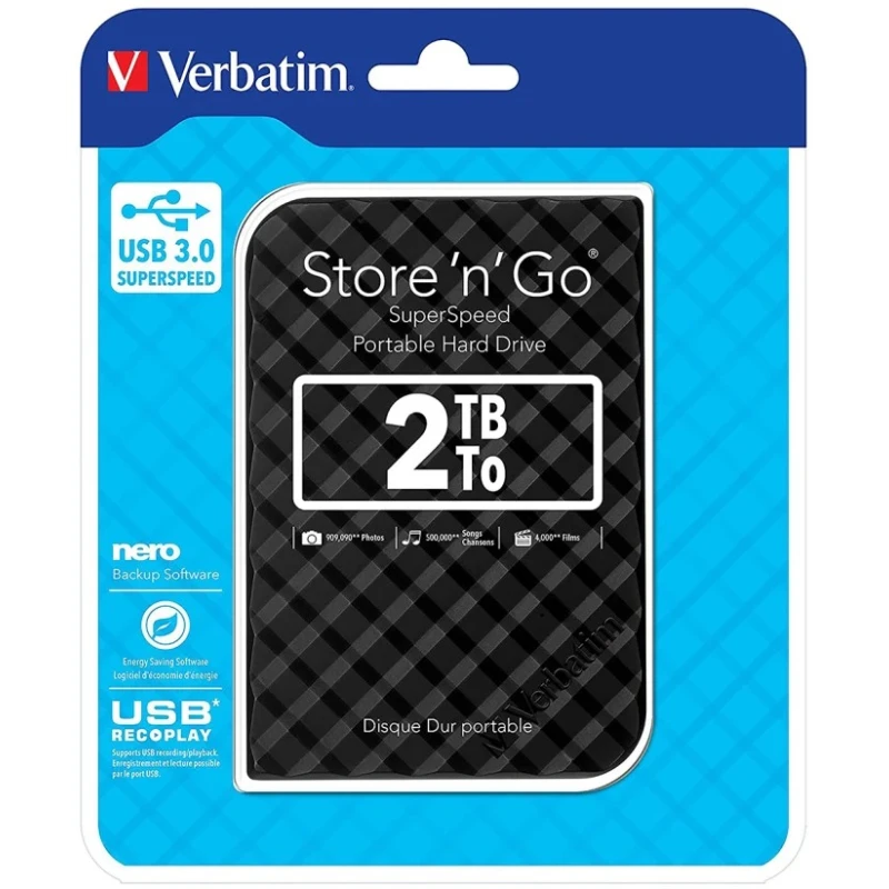 Verbatim 2.5 Inch 2 TB External Portable Hard Drive USB 3.0 Store 'n' Go 136-7748