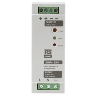 RS PRO Switched Mode DIN Rail Power Supply 264V AC Input 15V DC Output 2A 30W 136-8306