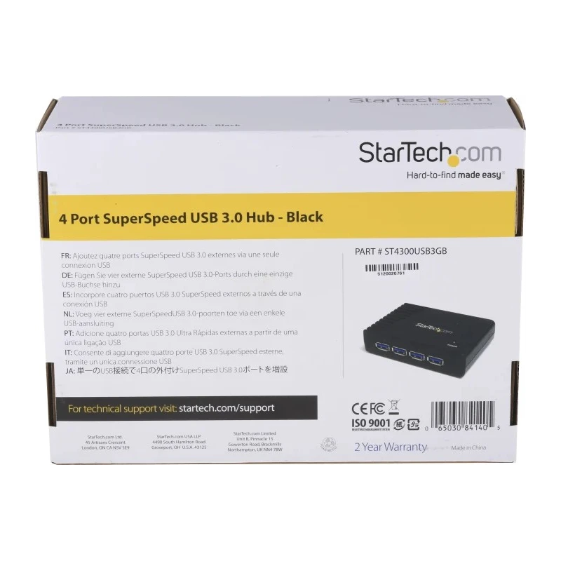 StarTech.com 4 Port USB 3.0 USB Hub AC Adapter Powered, Dimensions 95x68x23 mm ST4300USB3GB