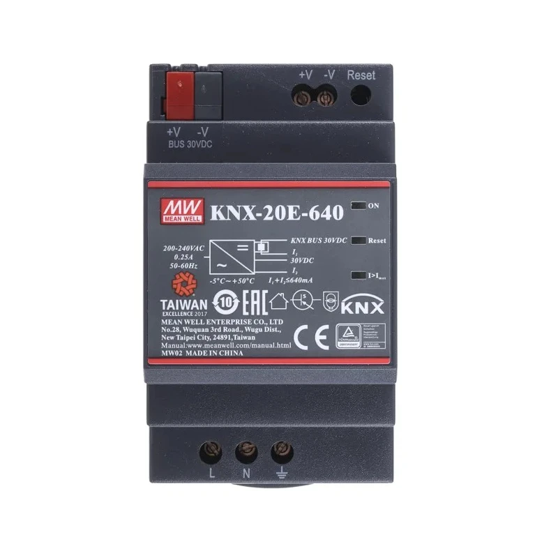 MEAN WELL KNX Switched Mode DIN Rail Power Supply AC/DC Input 180-264V AC, 370 V DC, Output 30V DC, 640 mA, 20 W KNX-20E-640