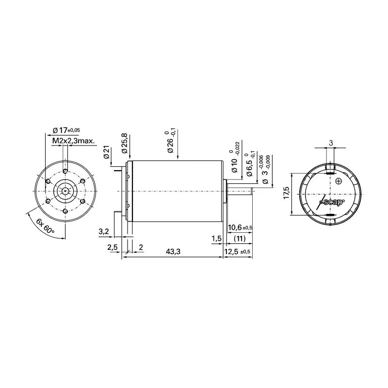 Portescap Low Inertia Type Servo DC Motor 5.75 W 12V dc 17.3 mNm 4700 rpm 3 mm Shaft Diameter 26N58-216E.1