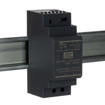 MEAN WELL Ultra Slim Switched Mode DIN Rail Power Supply 1 Phase AC/DC 85-370 V Input, 15 V DC, 2 A, 30 W HDR-30-15