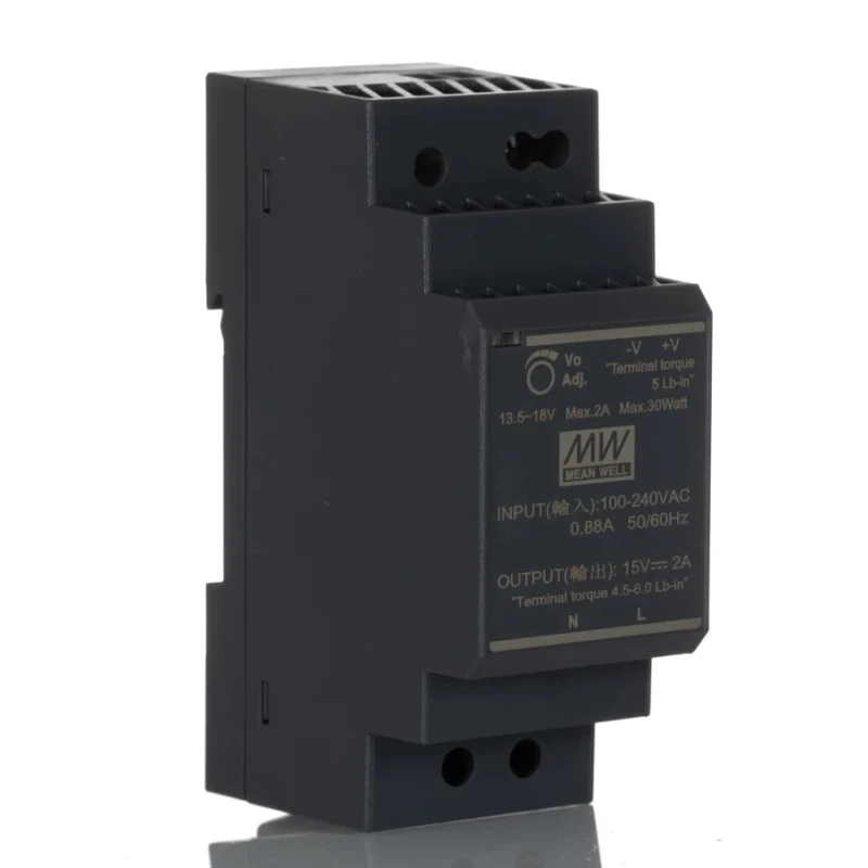 MEAN WELL Ultra Slim Switched Mode DIN Rail Power Supply 1 Phase AC/DC 85-370 V Input, 15 V DC, 2 A, 30 W HDR-30-15