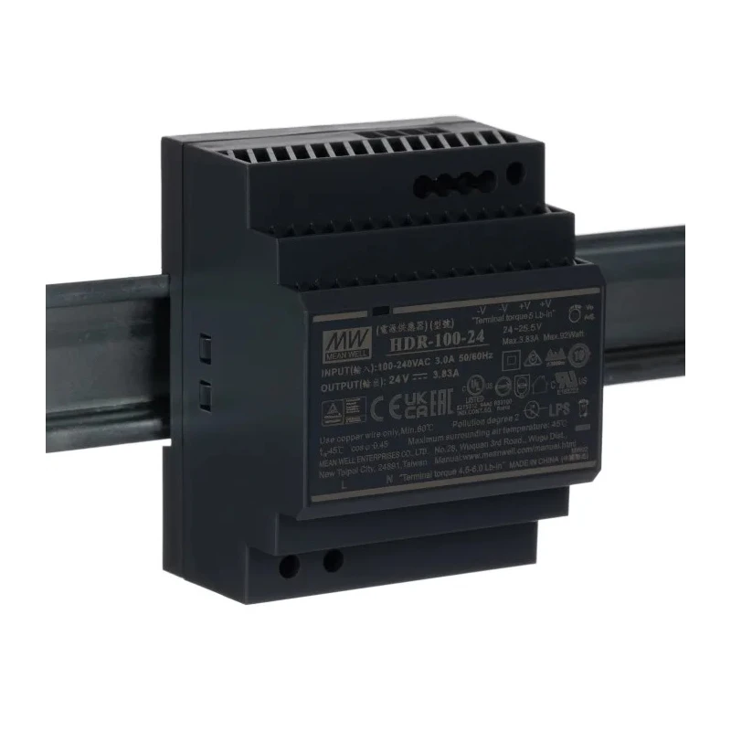 MEAN WELL Ultra Slim Switched Mode DIN Rail Power Supply 24V DC, 3.83A Output, 92W, AC/DC Input HDR-100-24
