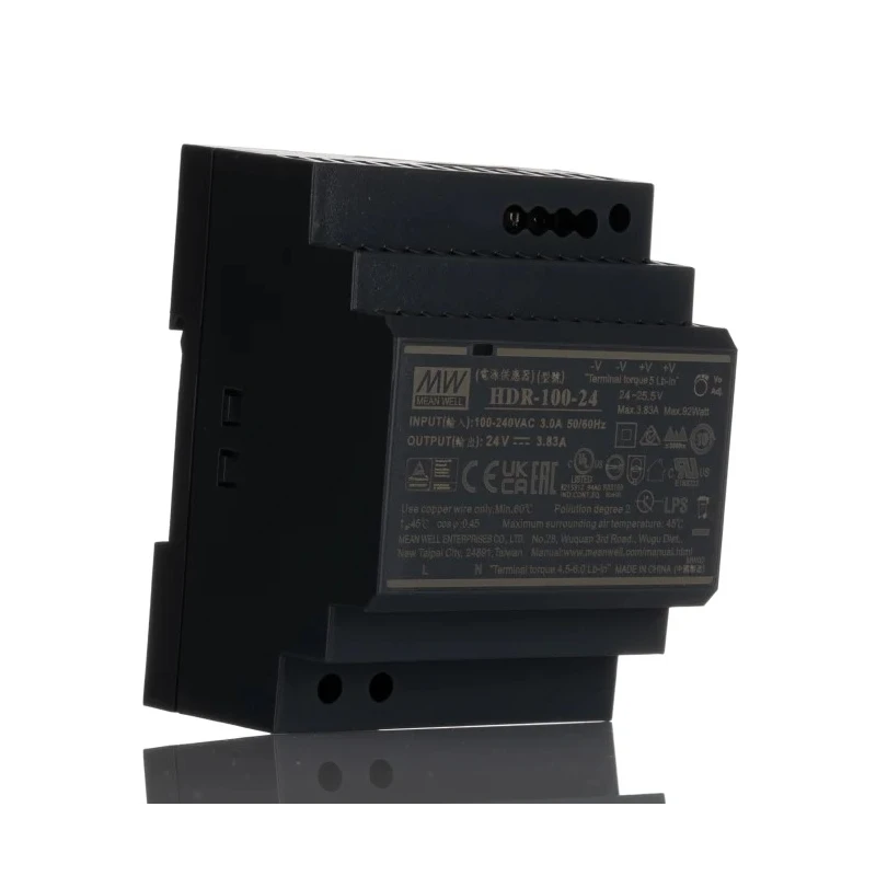 MEAN WELL Ultra Slim Switched Mode DIN Rail Power Supply 24V DC, 3.83A Output, 92W, AC/DC Input HDR-100-24