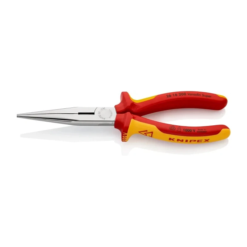 Knipex Long Nose Plier Round 200mm Overall, VDE 1000V Insulated Handle, Chrome Plated Vanadium Electric Steel 26 16 200