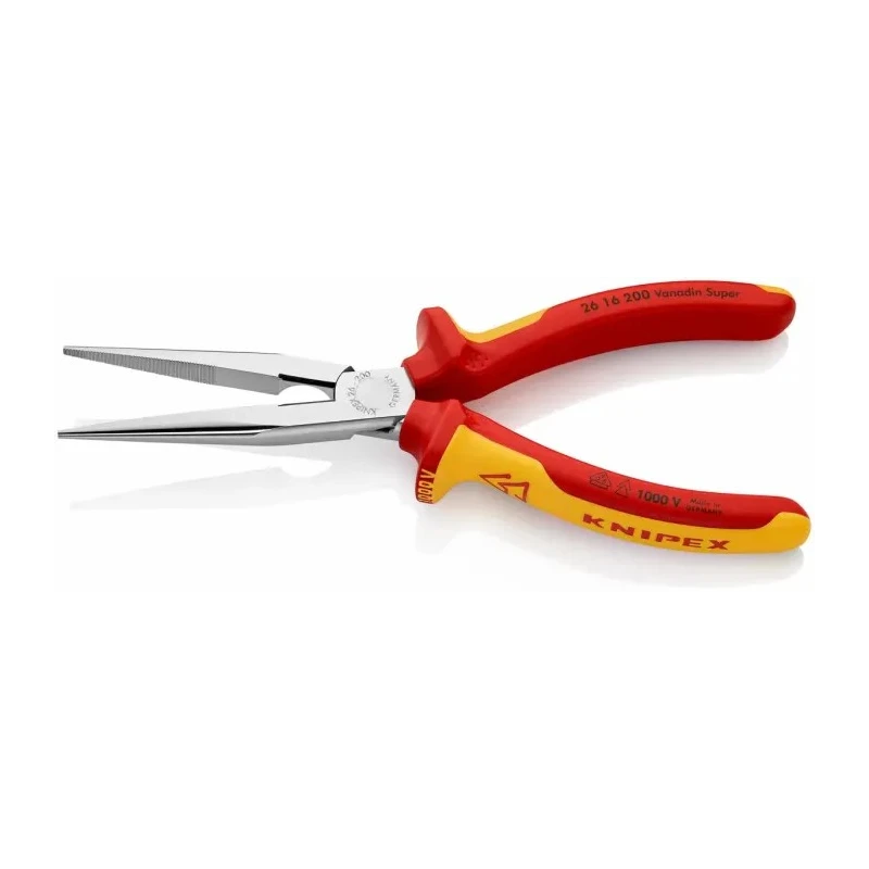 Knipex Long Nose Plier Round 200mm Overall, VDE 1000V Insulated Handle, Chrome Plated Vanadium Electric Steel 26 16 200