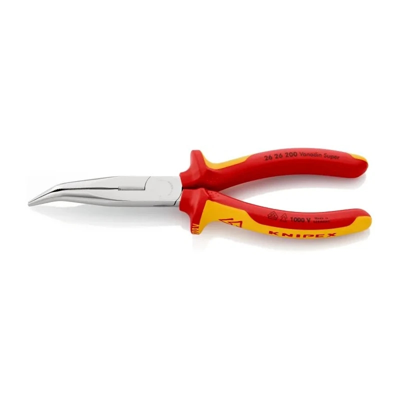 Knipex Long Nose Plier Bent Nose, 200mm Overall Length, Serrated Jaw 73mm, VDE/1000V Approved Model 26 26 200