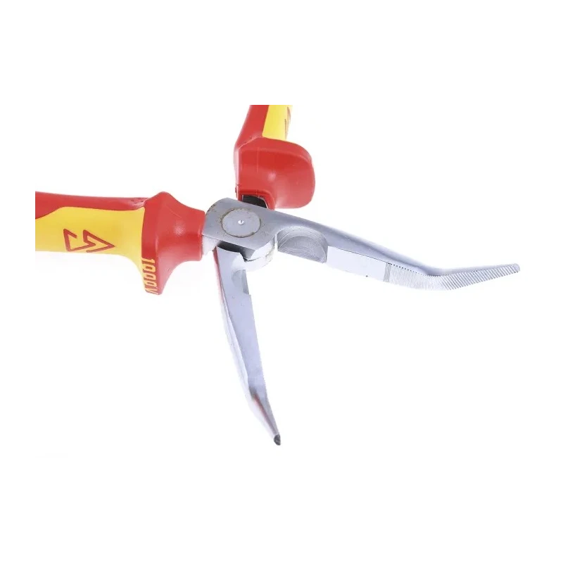 Knipex Long Nose Plier Bent Nose, 200mm Overall Length, Serrated Jaw 73mm, VDE/1000V Approved Model 26 26 200