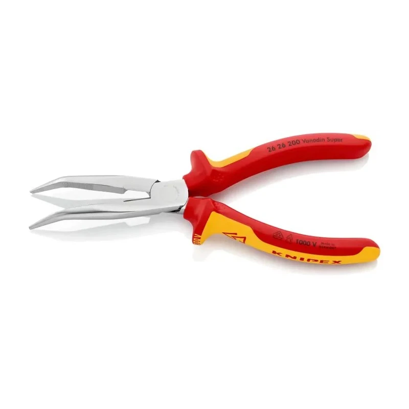 Knipex Long Nose Plier Bent Nose, 200mm Overall Length, Serrated Jaw 73mm, VDE/1000V Approved Model 26 26 200