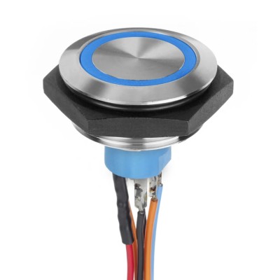 APEM AV Series Illuminated Push Button Switch momentary panel mount SPST 30.2 mm cutout blue LED IP67 30 V dc AV51222000074BK
