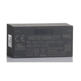 Recom Switching Power Supply 10W PCB Mount 15V DC Output, 85-305V AC Input RAC10-15SK/277