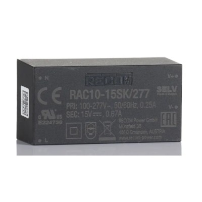 Recom Switching Power Supply 10W PCB Mount 15V DC Output, 85-305V AC Input RAC10-15SK/277