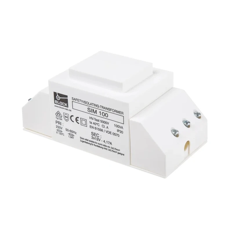 Block 2 Output 100 VA Chassis Mount Transformer 230 V ac Primary, 2 x 12 V ac Secondary, cUL 506, VDE, EN 61558 SIM 100