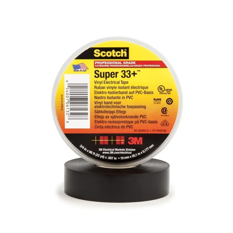 3M Black Polyvinyl Chloride Electrical Tape 19mm Width 20m Length Rubber Adhesive SUPER 33+ 20 X 19