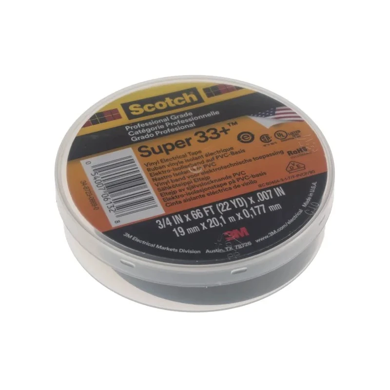 3M Black Polyvinyl Chloride Electrical Tape 19mm Width 20m Length Rubber Adhesive SUPER 33+ 20 X 19
