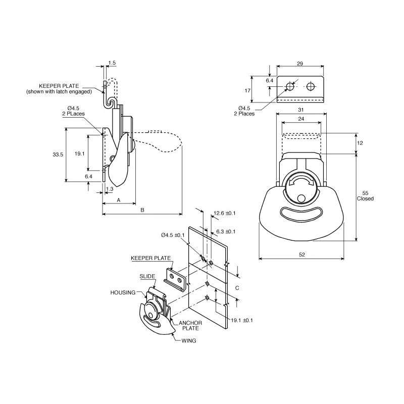Southco Stainless Steel Spring Loaded Draw Latch 67 mm Length 52 mm Width 19 mm Depth K2-3005-51