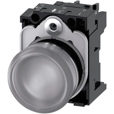 Siemens Panel Mount Clear LED Indicator SIRIUS ACT 3SU11, 22 mm Cutout, 24 V AC/DC, Round Metal Body 3SU1152-6AA70-1AA0