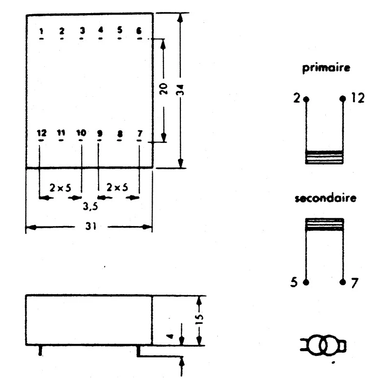 Myrra PCB Transformer 9 V AC, 1 VA Power, 5 Outputs, Through Hole Mount, Model 45002