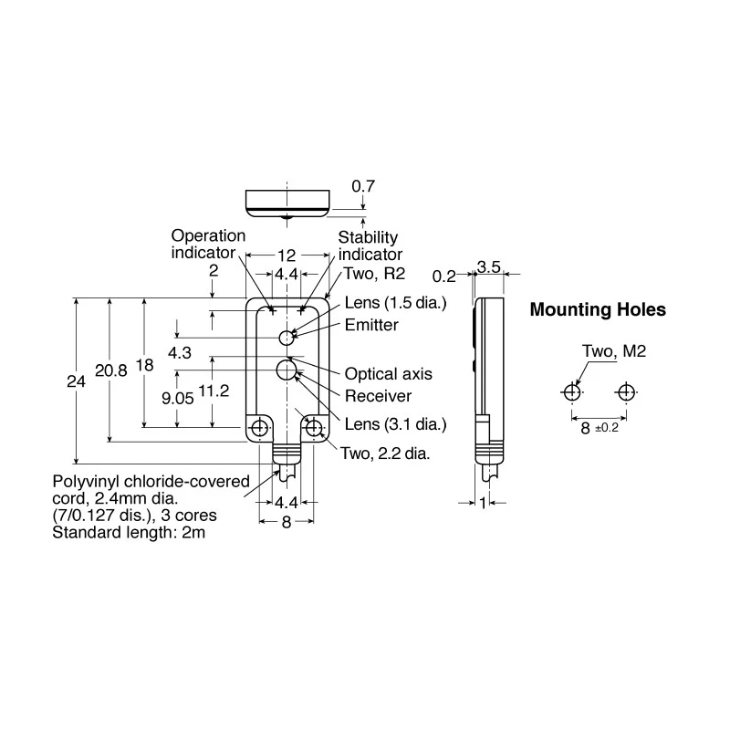 Omron Diffuse Photoelectric Sensor Block Style 5 mm to 30 mm Detection Range PNP Output IP67 E3T-FD13 2M