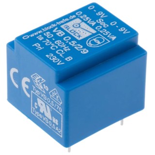 Block PCB Transformer 0.5VA 230 V ac Primary, 2 x 9 V ac Secondary, Pin Mount VB 0.5/2/9