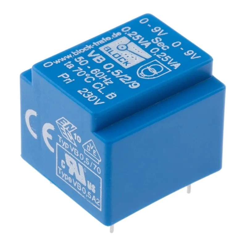 Block PCB Transformer 0.5VA 230 V ac Primary, 2 x 9 V ac Secondary, Pin Mount VB 0.5/2/9